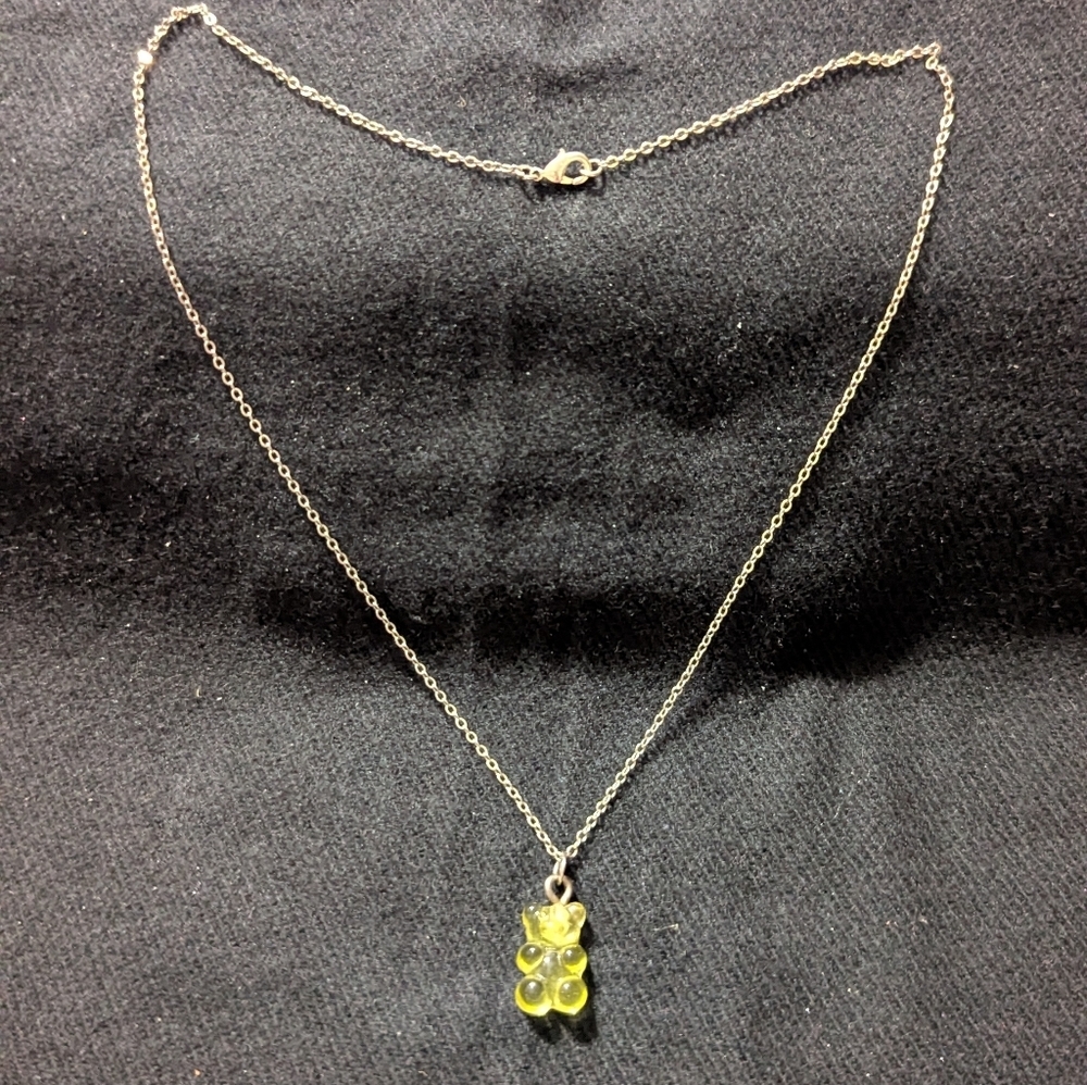 Silver Tone Yellow Gummy Bear Pendant Statement Necklace